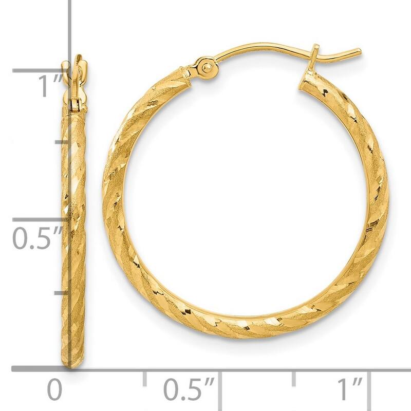 Curata 14k Yellow Gold Polished and Satin and Sparkle Cut Hoop Earrings - 26.5x24.9mm