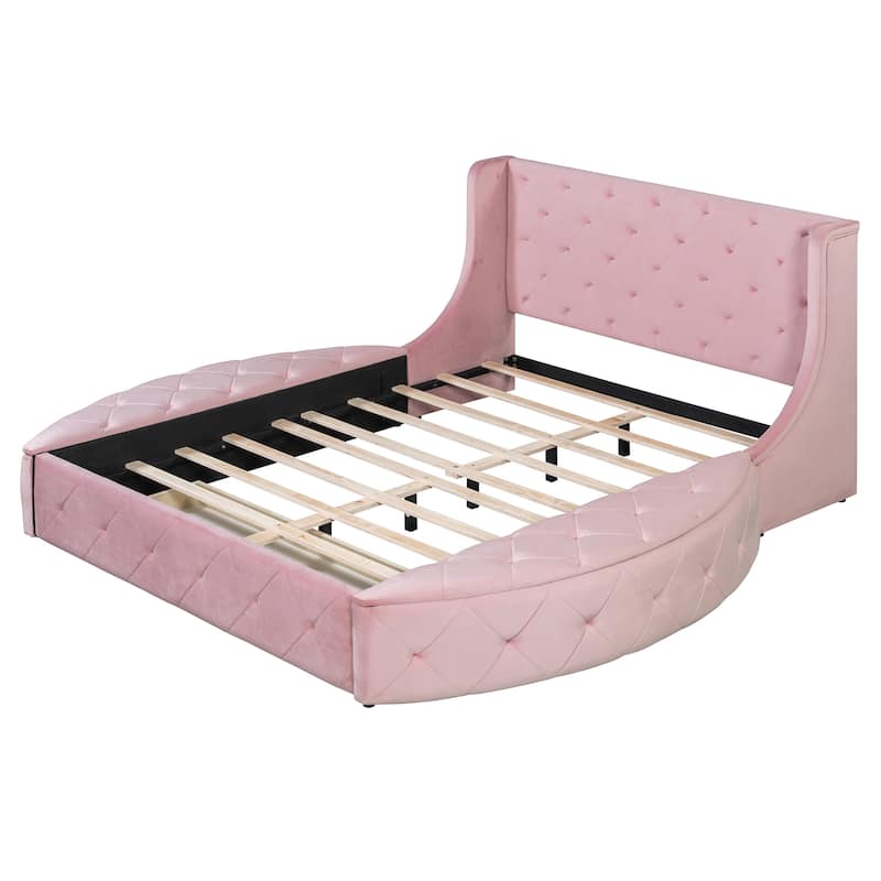 Low Profile Bed Queen Size Velvet Upholstered Platform Bed with Wingback Headboard, Big Drawer and 2 Semicircle Side Stools