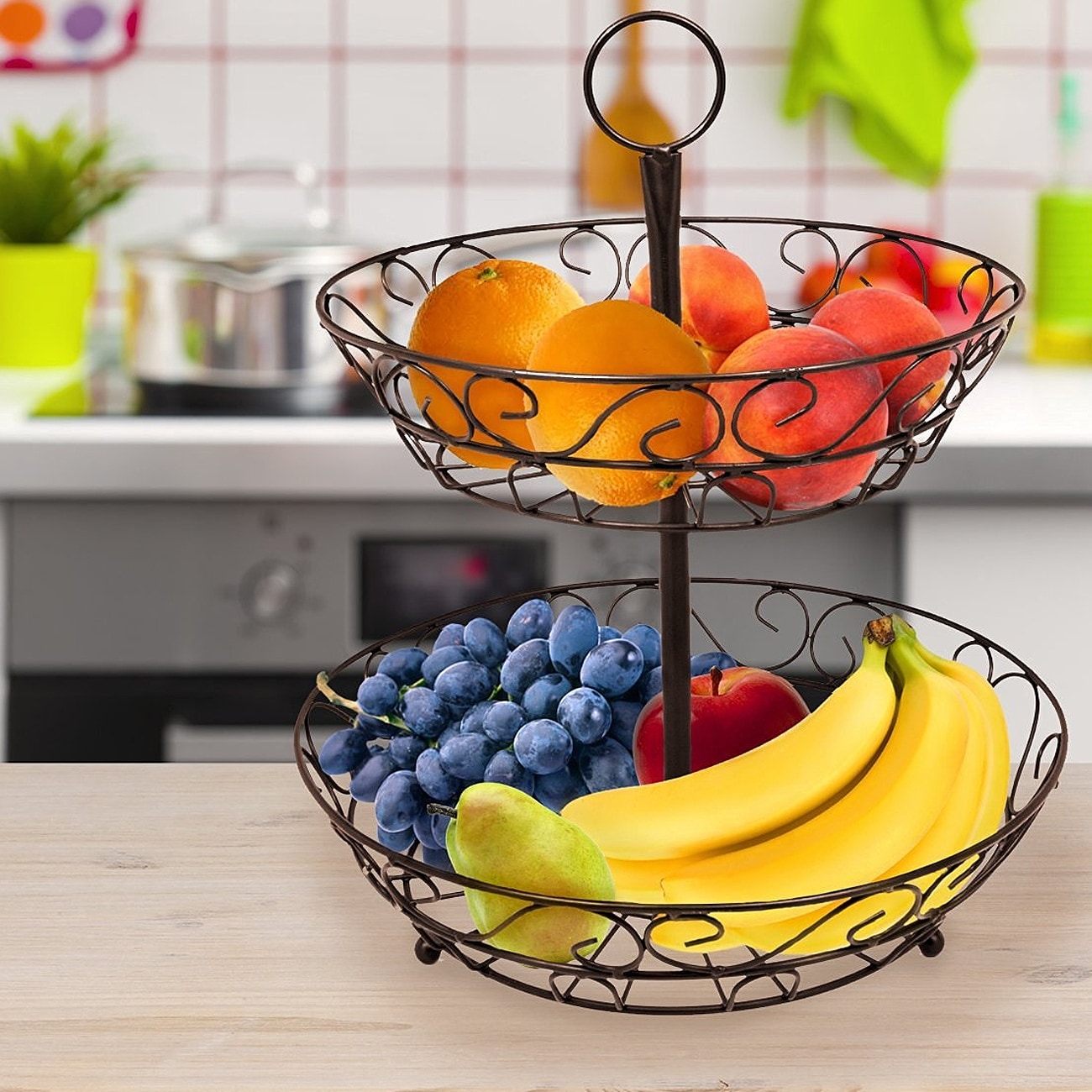 Set of 2 Geometric Wire Bowl Round Iron Metal Fruit Basket Home Kitchen Decor 