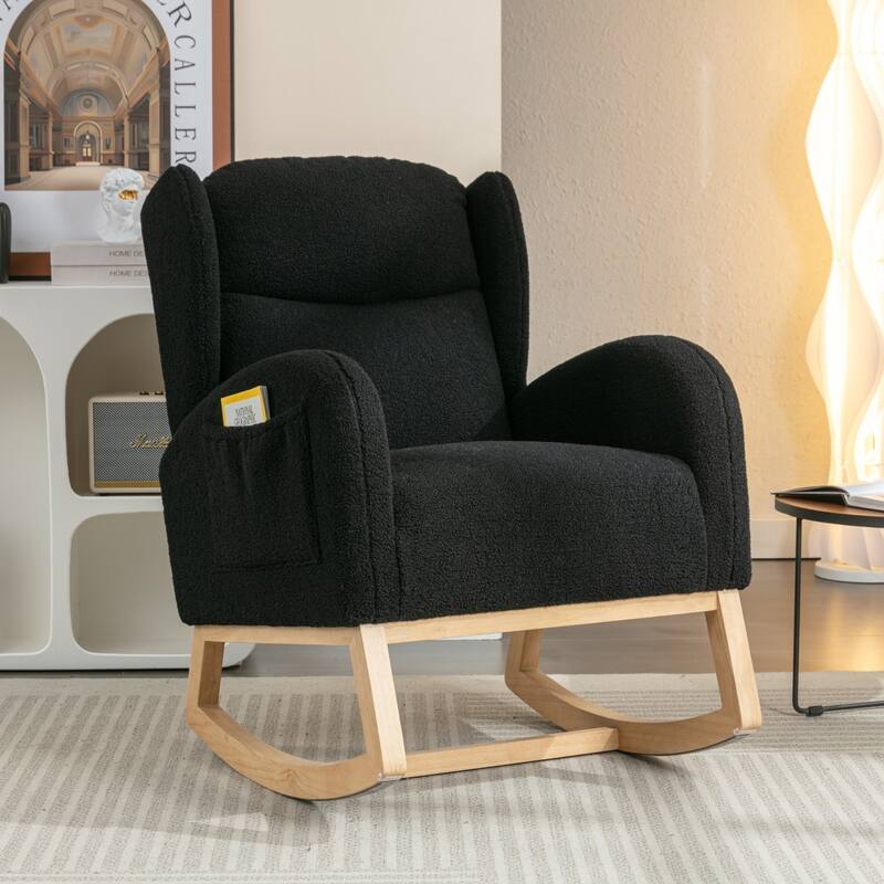Modern Teddy Fabric Home Rocking Chair with Wood Leg, Tufted High Back