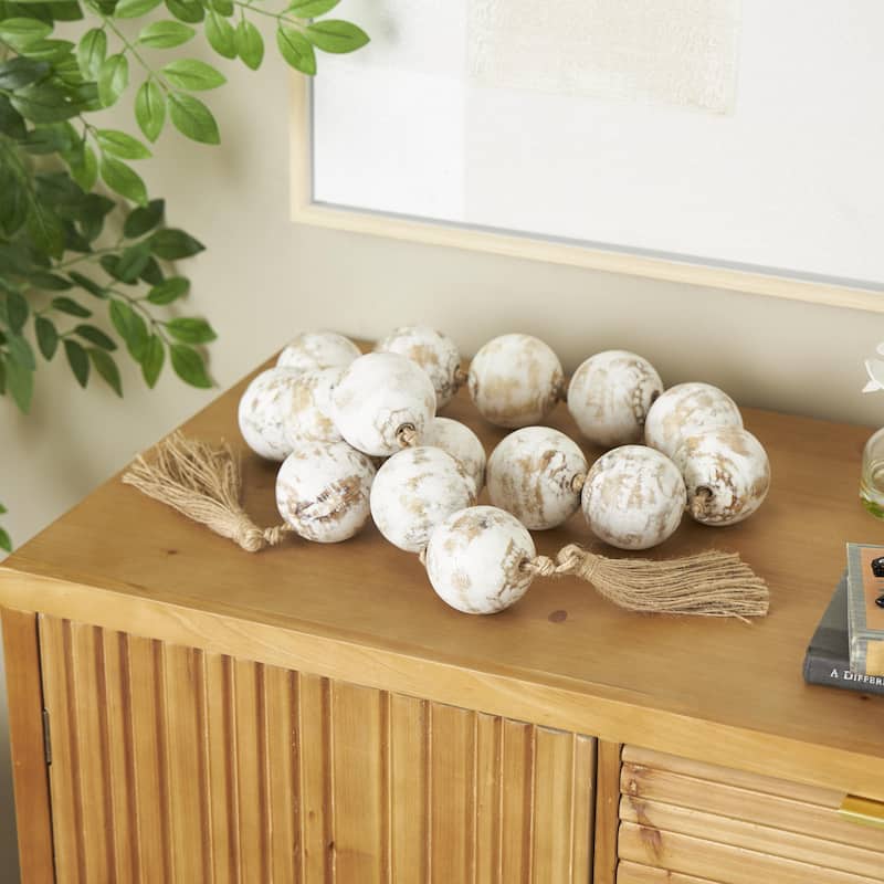 Mango Wood Handmade Round Extra Long Washed Orb Garland with Tassel - Brown, Black or White - Roche River Decor