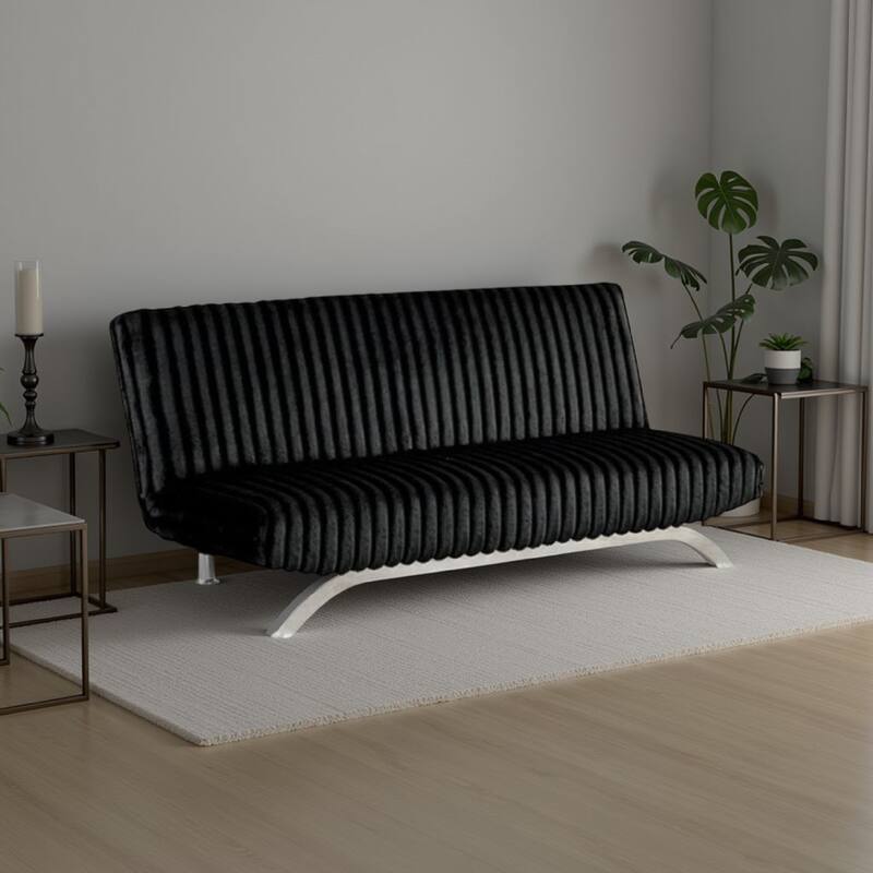 Villy Futon Sofa Bed, Chrome Metal Legs, Black Channel Tufted Fabric