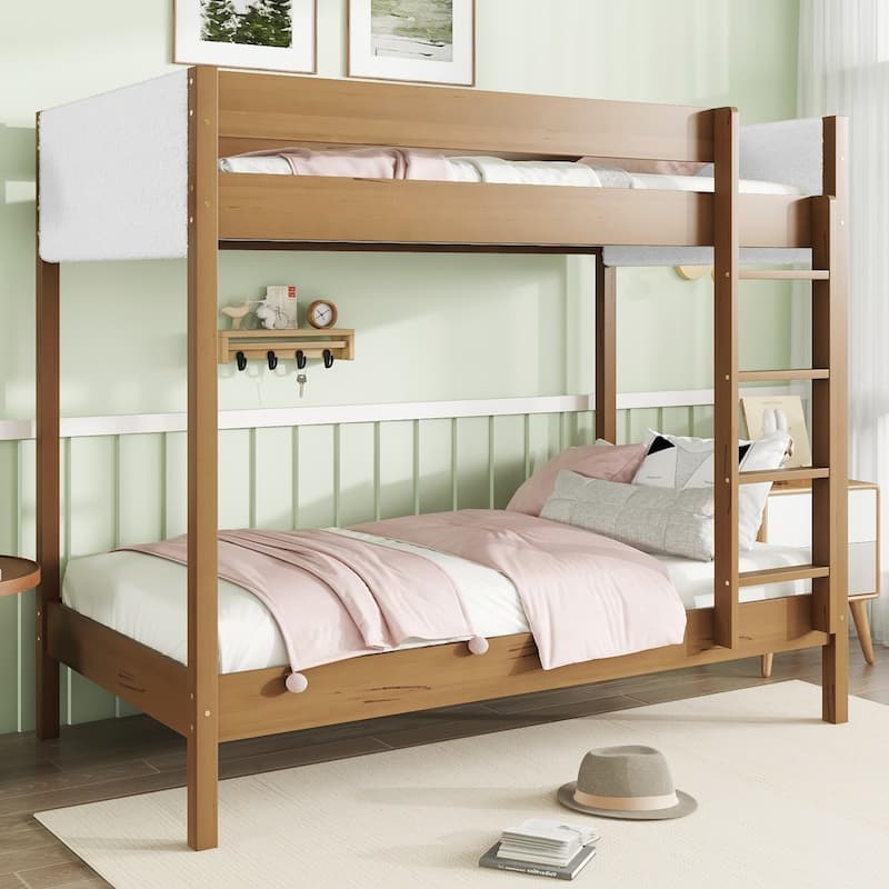 Twin Over Twin Bunk Bed with Boucle Upholstered Headboard and Footboard,Ladder, Safety Guardrails