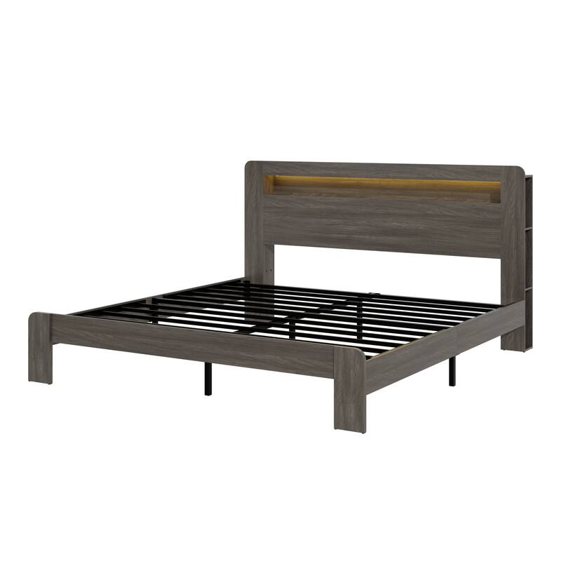 Wood Platform Bed Frame with LED Storage Headboard, 2 USB Ports & Outlets, Noise-Free Metal Slats, Under Bed Storage, Dark Grey