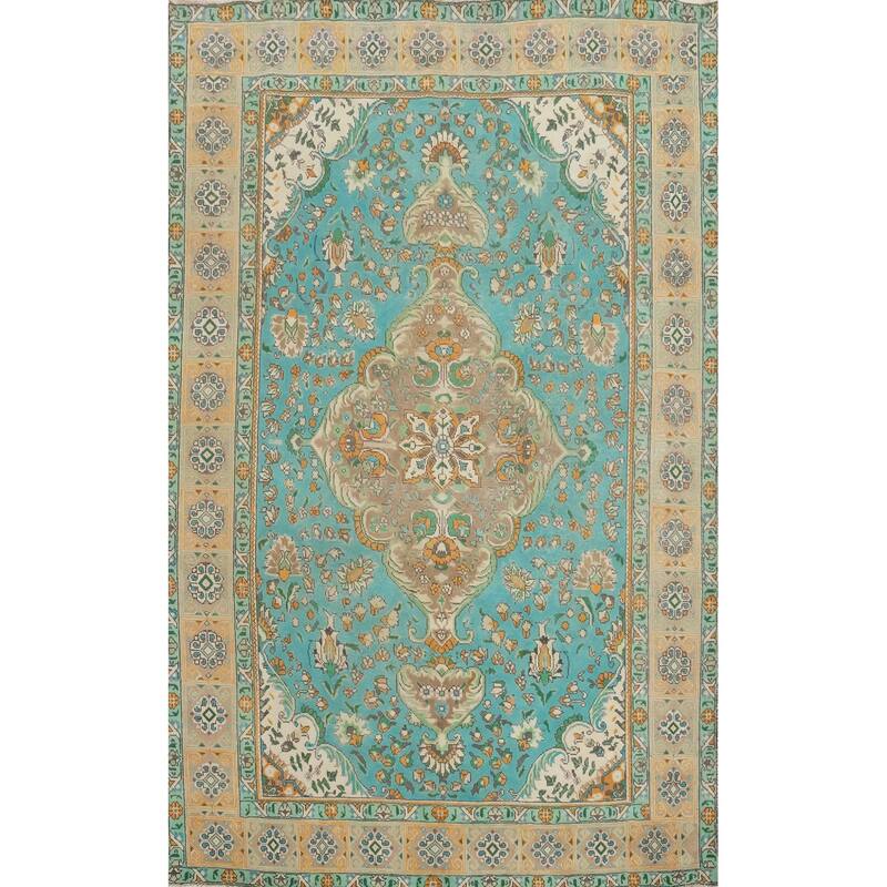 Hand Knotted Oriental 100% Wool Carpet Traditional Floral Navy Blue & Blues Tabriz Area Rug - 9' 2'' X 6' 3''