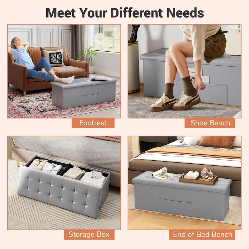 Costway 43 Inches Folding Storage Ottoman Bench with Side Pocket