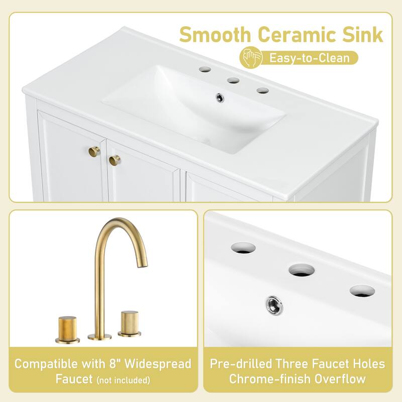 36" Bathroom Vanity with Ceramic Sink, Soft-Closing Door & 4 Drawers, Solid Wood Frame & Legs