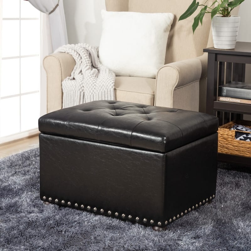 Adeco Square Storage Ottoman Bonded Leather Bench Tufted Footstool - Black - Medium