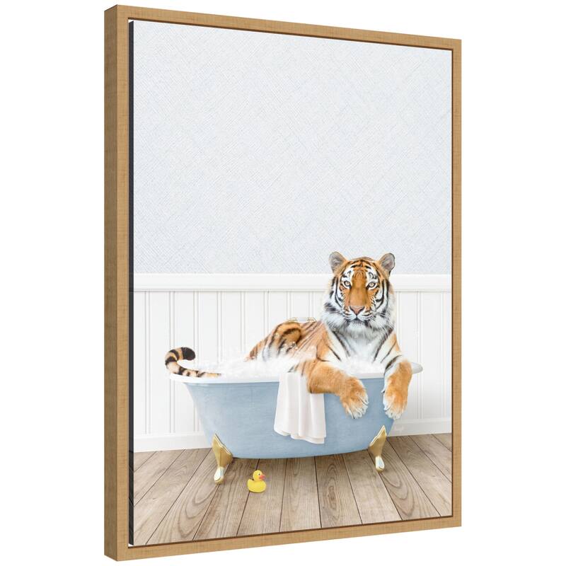 Kate and Laurel Sylvie Tiger in Cottage Blue Bathtub Framed Canvas by Amy Peterson - Natural