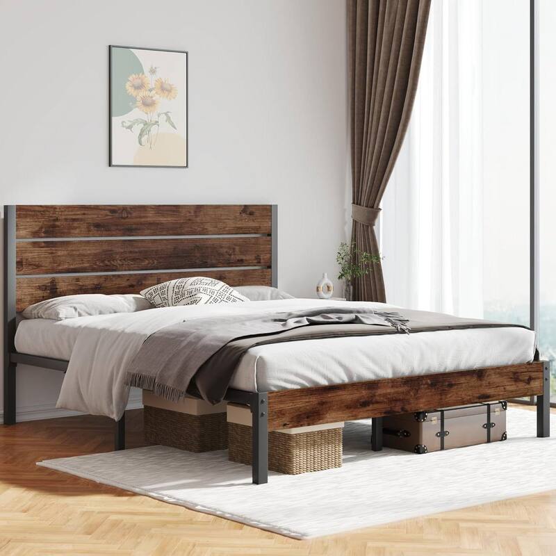 Brown Wood Headboard Platform Bed Frame with Sturdy Metal Design