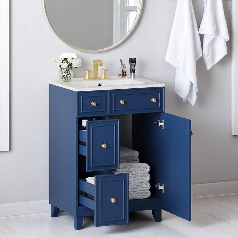 24" Bathroom Vanity with Ceramic Sink, 2 Drawers, Soft-Close Door, Freestanding Cabinet for Small Spaces, MDF and Wood
