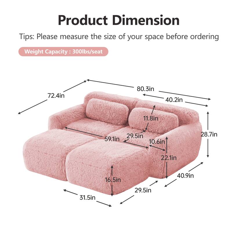 80" Floor Loveseat Modular Sectional Sofa, Plush Fabric Boneless Couch Set with 2 Ottoman