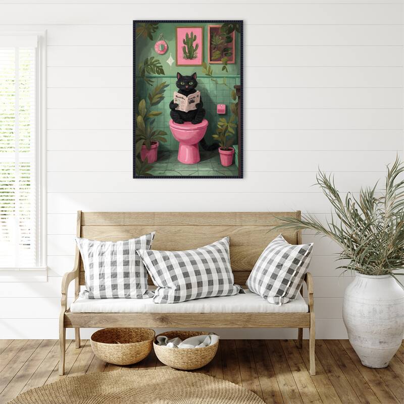 Bathroom Cat No 4 by The Art Concept Framed Canvas Wall Art Print - Sylvie Beaded Black