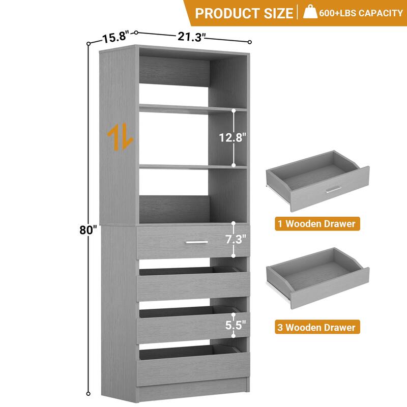 21.3" Storage Cabinet Bookshelf with Charging Station and 3 Wood Drawers, Freestanding Closet System with Storage Shelves