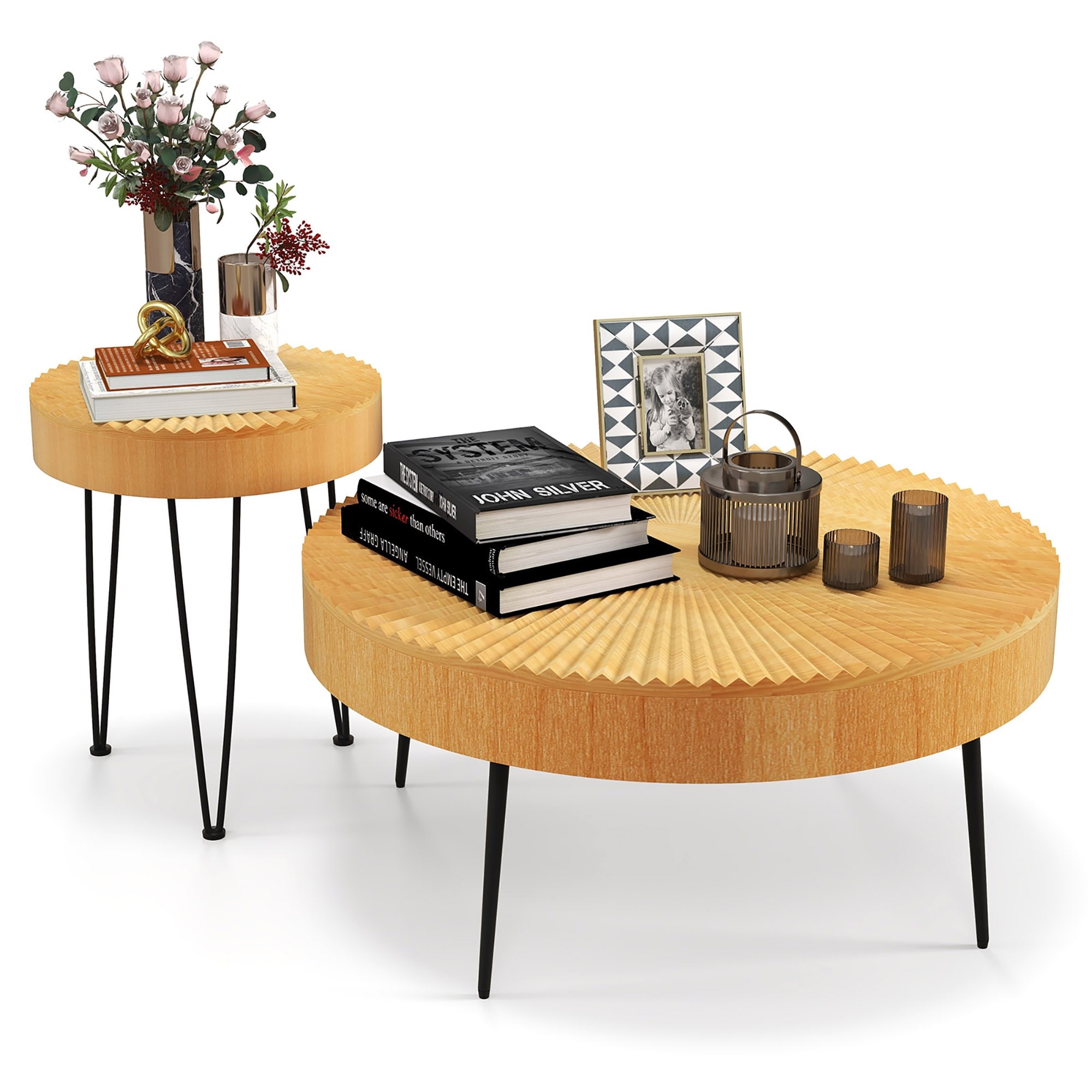 Costway Farmhouse Round Coffee Table Set of 2 End Table Natural Finish - See Details