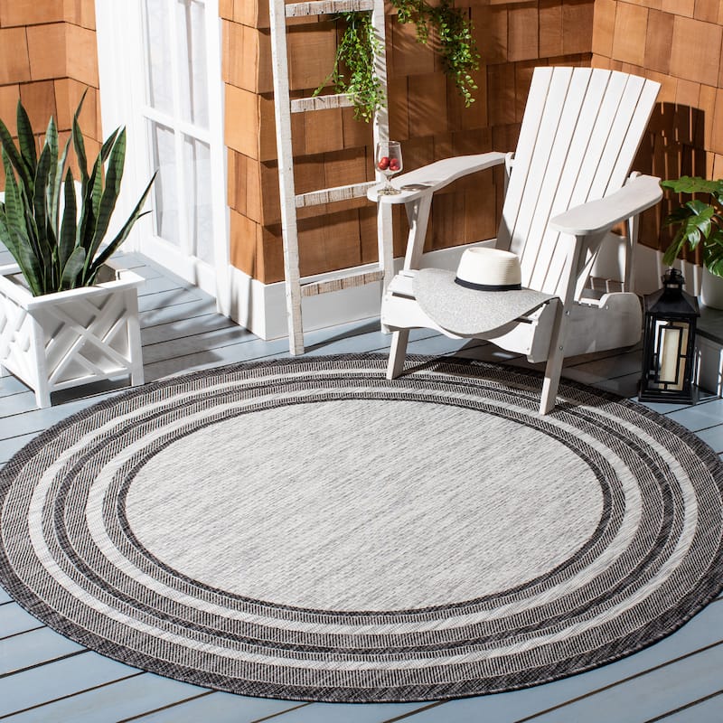 SAFAVIEH Courtyard Vickie Indoor/ Outdoor Waterproof Patio Backyard Rug - 7'10" Round - Light Grey/Black