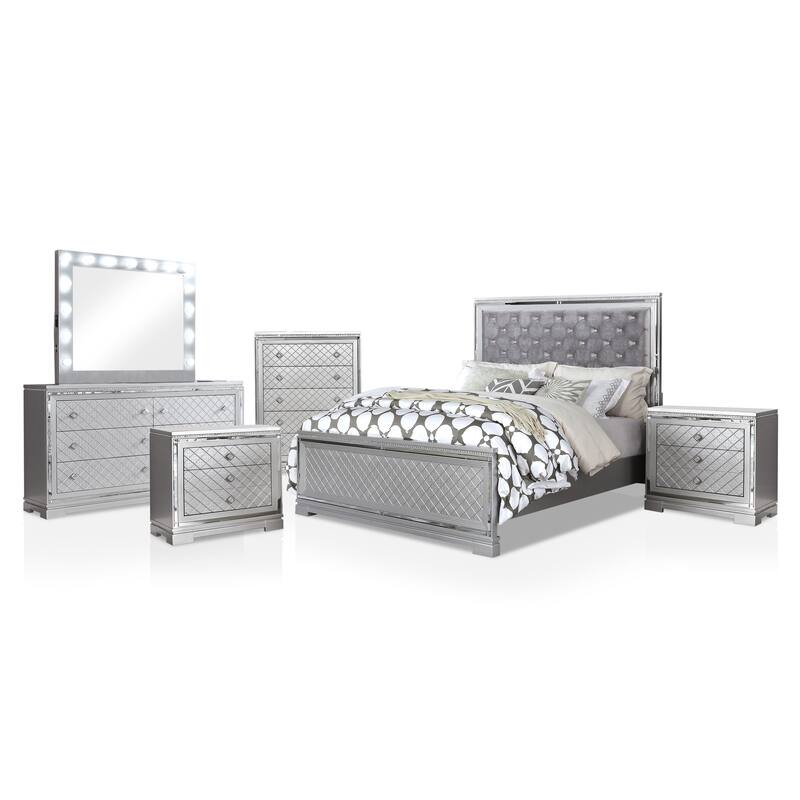 Seleena Glam Silver Wood 6-Piece Tufted Panel Bedroom Set with USB Port by Furniture of America