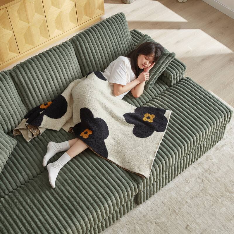 Deep Seat Sectional Loveseat Set with 2 Ottoman and 2 Pillows, Corduroy Chaise Lounge Bed with 2 Storage Spaces and Cupholding