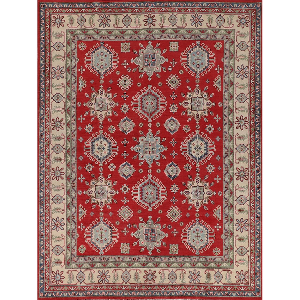 Traditional Red Geometric Kazak Oriental Area Rug Handmade Wool Carpet - 8'1" x 10'0"