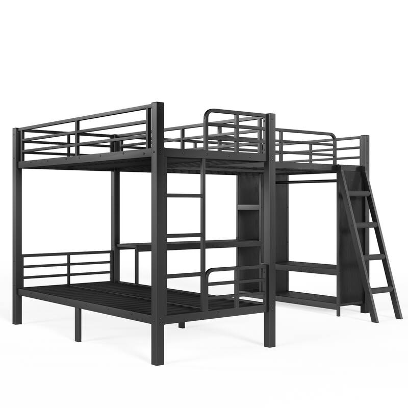 L-shaped Triple Bunk Bed with Desk and Wardrobe, Twin XL over Twin XL Bunk Bed with an Attached Full Loft Bed