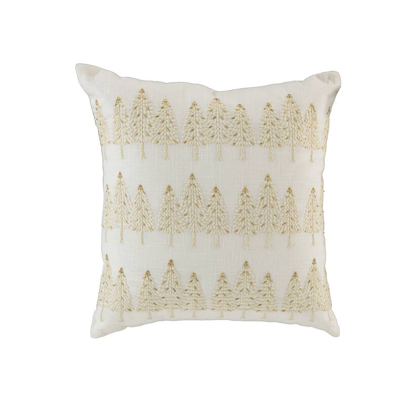 18" Ivory And Gold Cotton Christmas Trees Throw Pillow With Embroidery