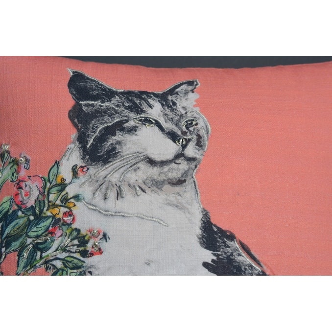 18" X 18" Pink Cat Zippered Handmade Cotton Blend Throw Pillow With Pom Poms