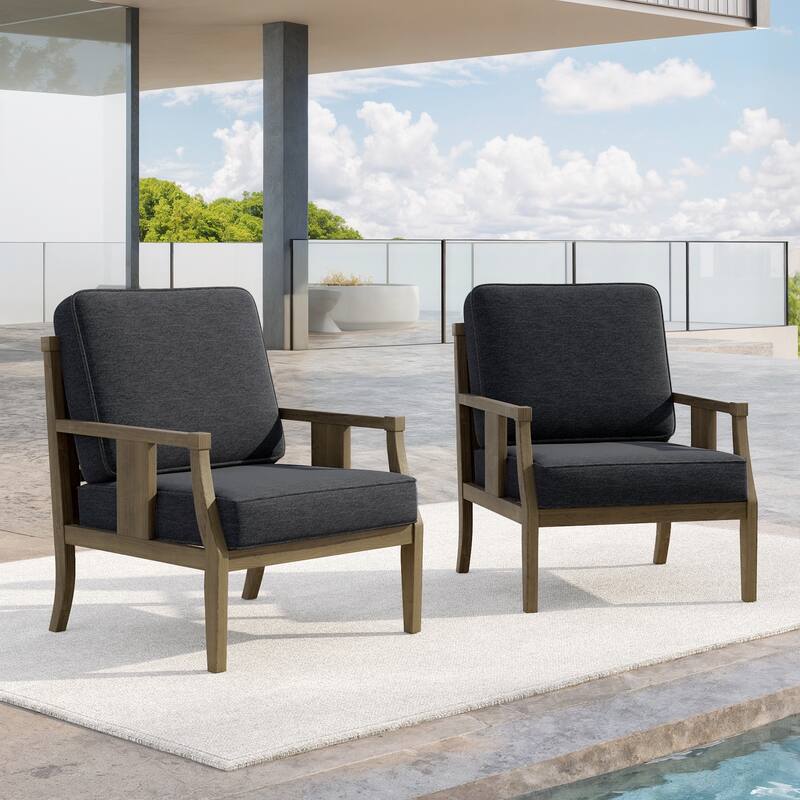 Set of 2 Outdoor Teak Wood Armchairs with Cushions, Patio Club Chairs - Natural Wood - Dark Grey