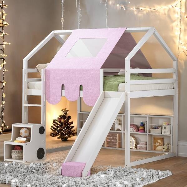 slide 2 of 20, Pink Wooden House-shaped Loft Bed Kids Bed with Tent,Full size Pink