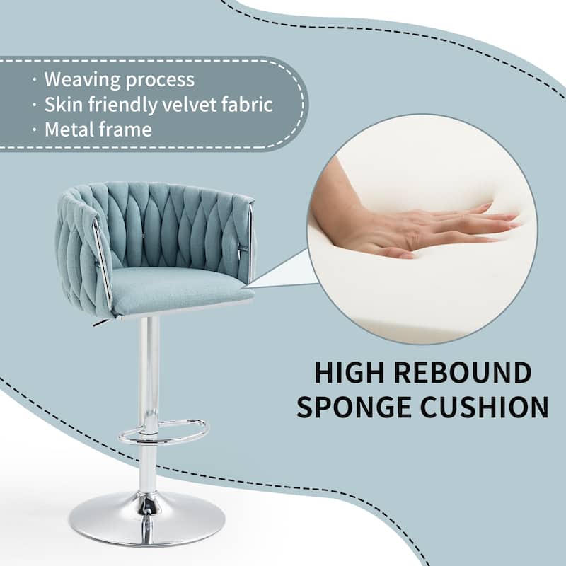 360° Swivel Fabric Cover Bar Stools Set of 2, Adjustable Height Bar Accent Chairs with Woven Back and Silver Chromed Base