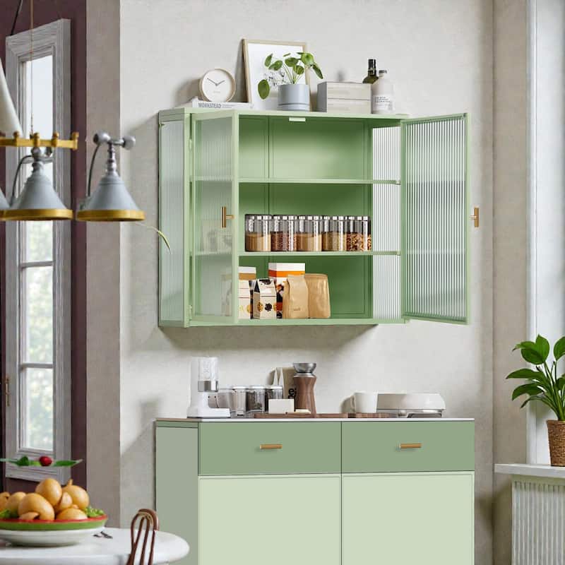 27.56" Modern Wall Cabinet with Glass Doors, 3-Tier Storage, Iron and Tempered Glass Hanging Cabinet for Bathroom and Entryway