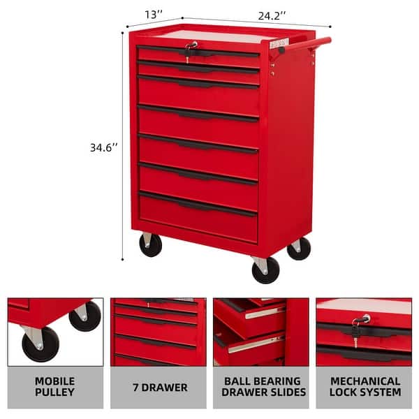 dimension image slide 0 of 2, 7-Drawer Rolling Metal Tool Box Chest Cabinet with Wheels and Cylinder Locking for Garage,Warehouse,Work Shop
