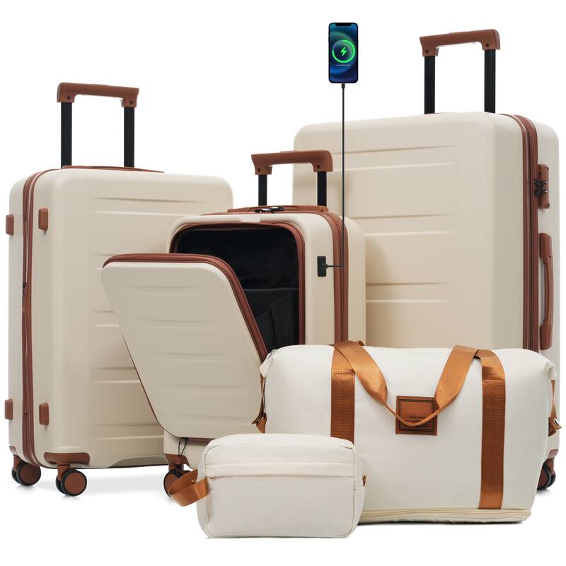 Luggage Sets 5 Piece with Front Opening, Hardside Expandable Carry On Suitcase Set with Double Spinner Wheel with USB Port - Brown+White