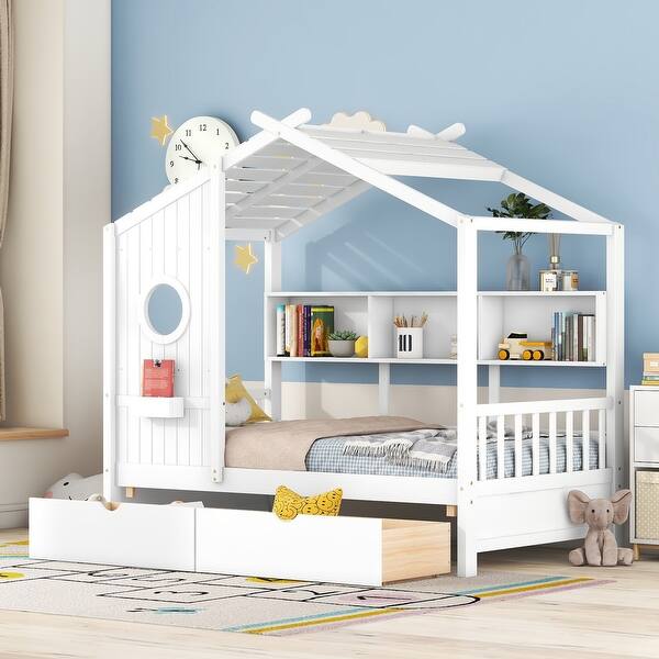 slide 2 of 36, Wooden House Bed Kids Storage Bed Frame with 2 Drawers, Storage Shelf for Kids Teens Adults, Wood Slat Support White - Twin