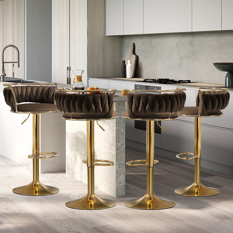 4 Set Modern Velvet Adjustable Swivel Bar Stools with Metal Frame - Gold/Coffee