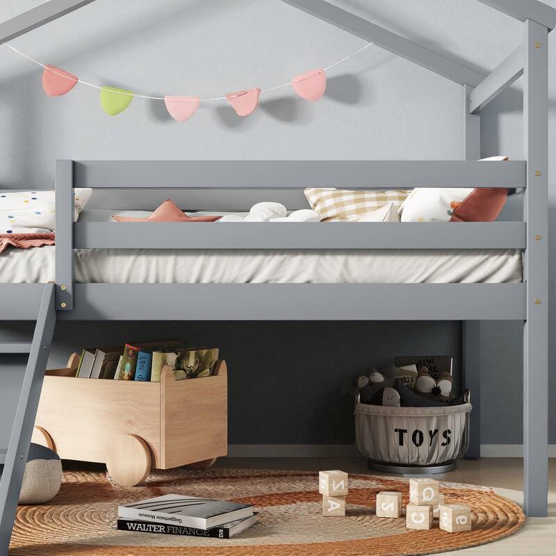 Twin Size Wooden Low Loft House Bed with Slide, Ladder, Safety Guardrails, and Roof Frame
