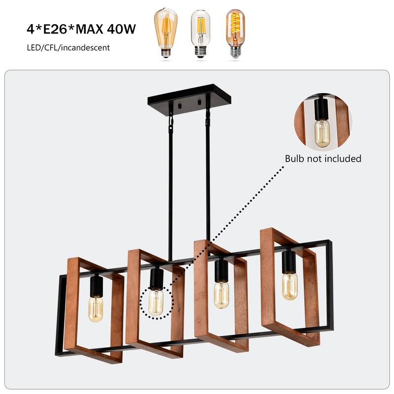 Farmhouse Rectangular Chandelier 4-Light Kitchen Island Lights Hanging Crystal Chandelier, for Dining Room and Living Room