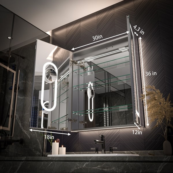 dimension image slide 1 of 4, Modland 24"-42W x 36"H LED Medicine Cabinet Mirror with USB Charging,5x Makeup Mirror