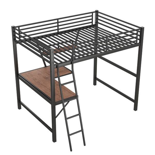 slide 2 of 5, Full Size Metal & MDF Loft Bed with Study Desk & Storage Shelf