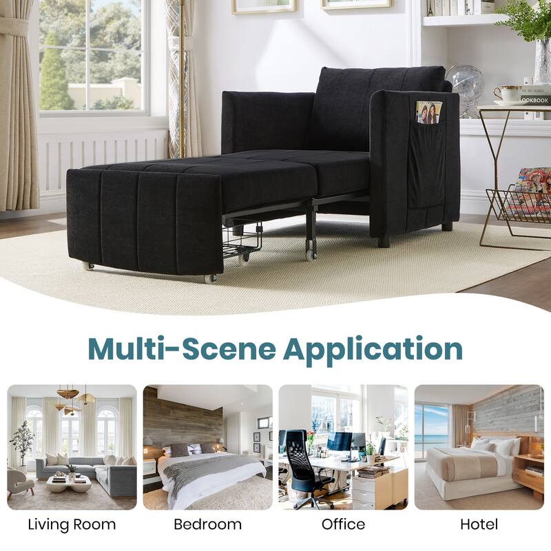 31.5" Pull Out Convertible Sofa Bed, 5-Position Adjustable Backrest, Side Pockets, Storage Basket, Black Chenille