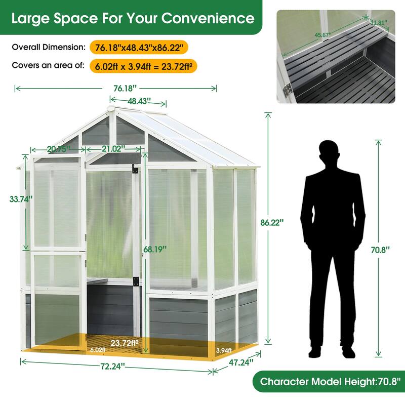 Greenhouse, Wooden Greenhouse Polycarbonate Garden Shed for Plants, Grow House with Front Entry Door