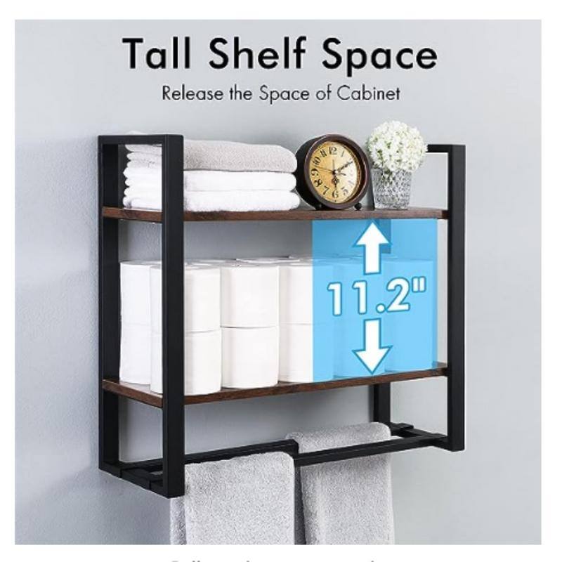 Bathroom Shelf with Bar Wall Mounted, 2Tier Industrial，with Double