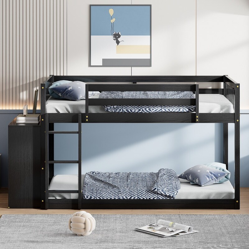 Twin and Full Bunk Bed with 4 Drawers and 3 Shelves