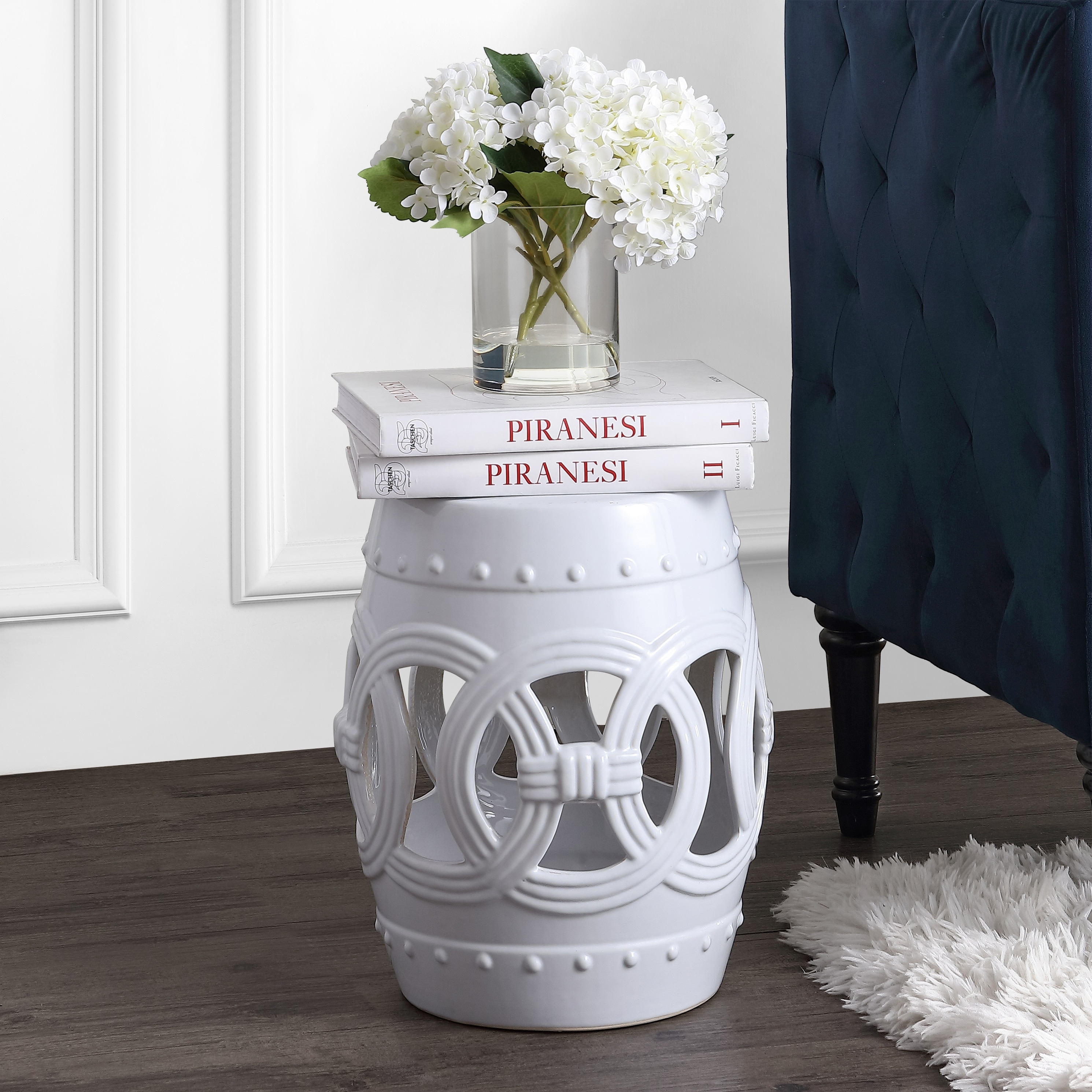 Lucky Coins Contemporary Ceramic Cutout Interlocking Rings Drum Garden Stool, Indoor & Outdoor Accent Side Table, Seat