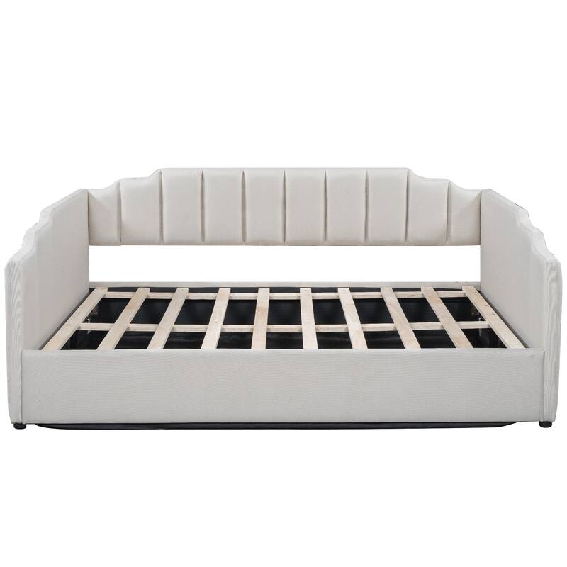 Full Size Upholstered Daybed with Underneath Storage in Beige