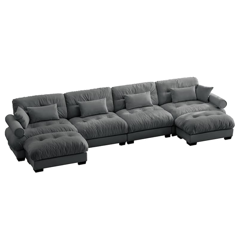 GDFStudio - Azura Vintage Velvet 4 Seater Sectional Sofa with 2 Movable Ottomans and Pillows