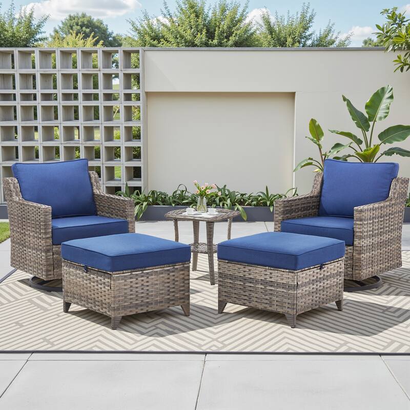 Pocassy Wicker Patio Sofa Glider Swivel Chair Ottoman Furniture Set. - Blue Cushion Gray Wicker - 5-Piece Swivel Chair Table w/ Ottoman Set