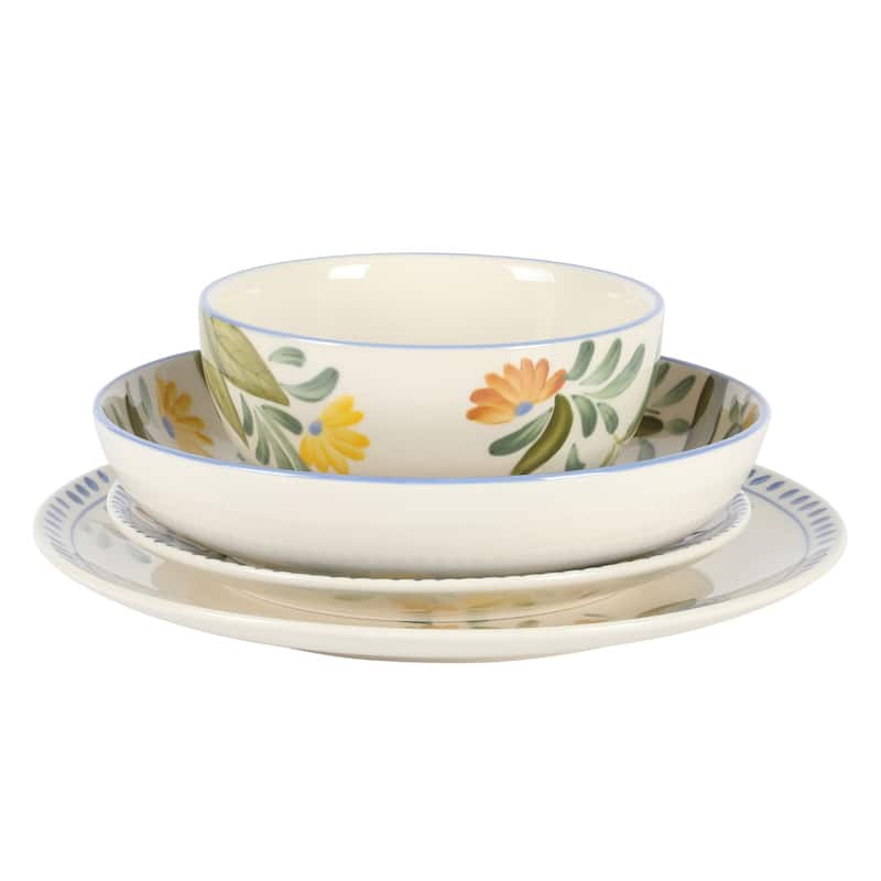 Bloomhouse Posy Blossom 16 Piece Double Bowl Hand Painted Stoneware Plates and Bowls Floral Dinnerware Set