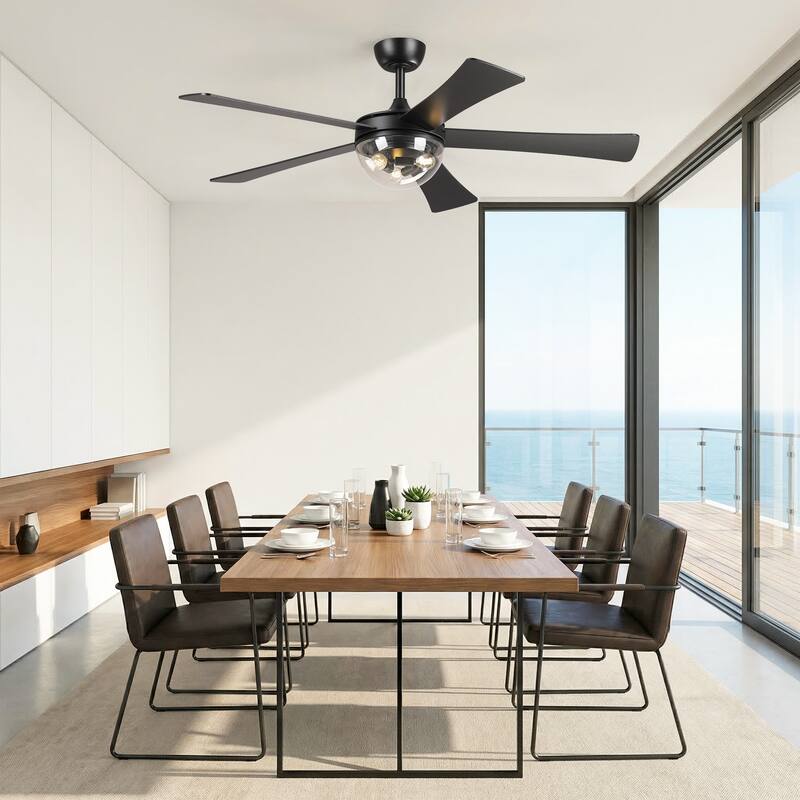 52" Modern Matte Black 5 Reversible Blades Ceiling Fan with Light and Remote