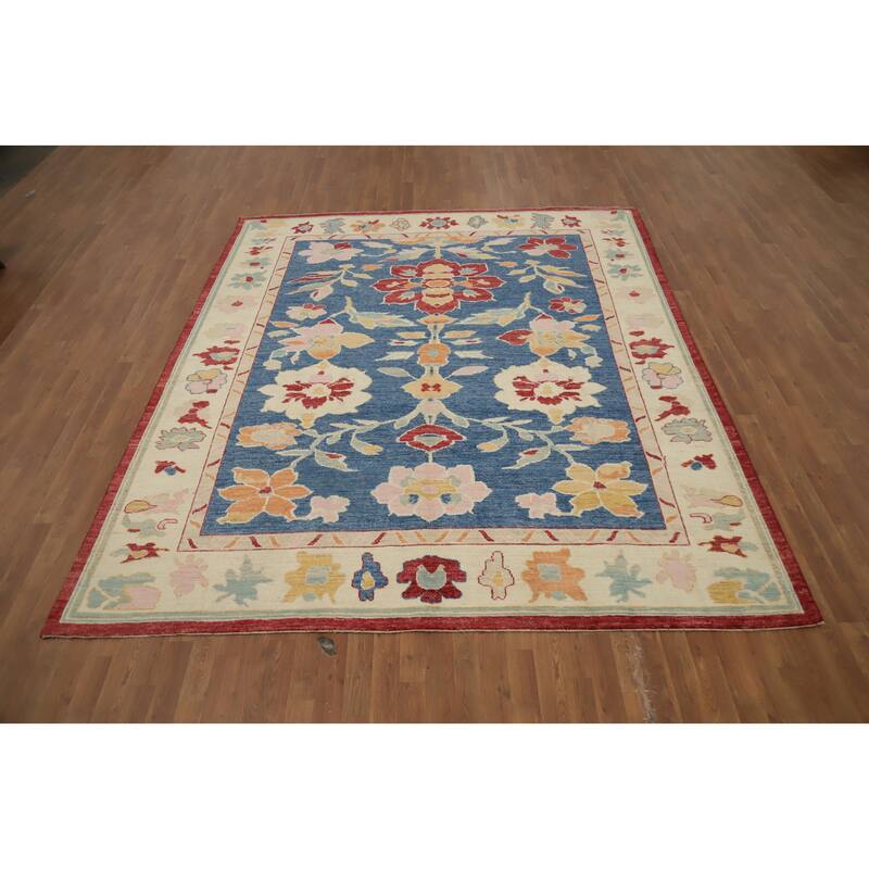 Hand Knotted Oriental 100% Wool Carpet Transitional Floral Navy Blue & Blues Oushak Area Rug - 9' 10'' X 8' 4''