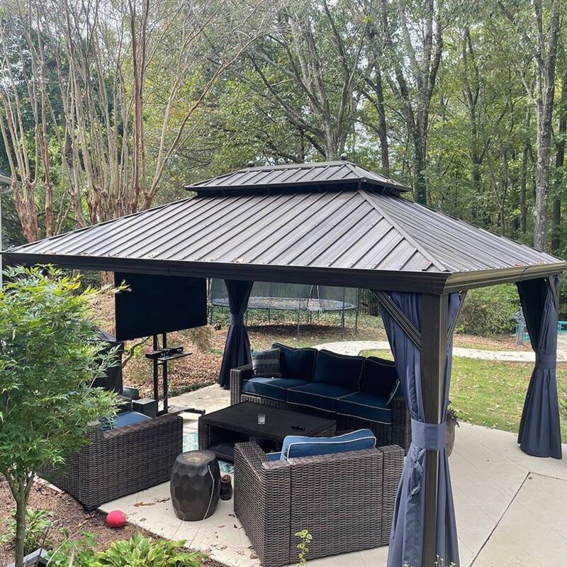 PURPLE LEAF Hardtop Aluminum Gazebo with Curtains and Netting, Double Roof Patio Gazebo